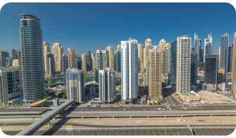 Photo of JLT in Dubai, where you can see the highway and all the residential and office buildings across it.